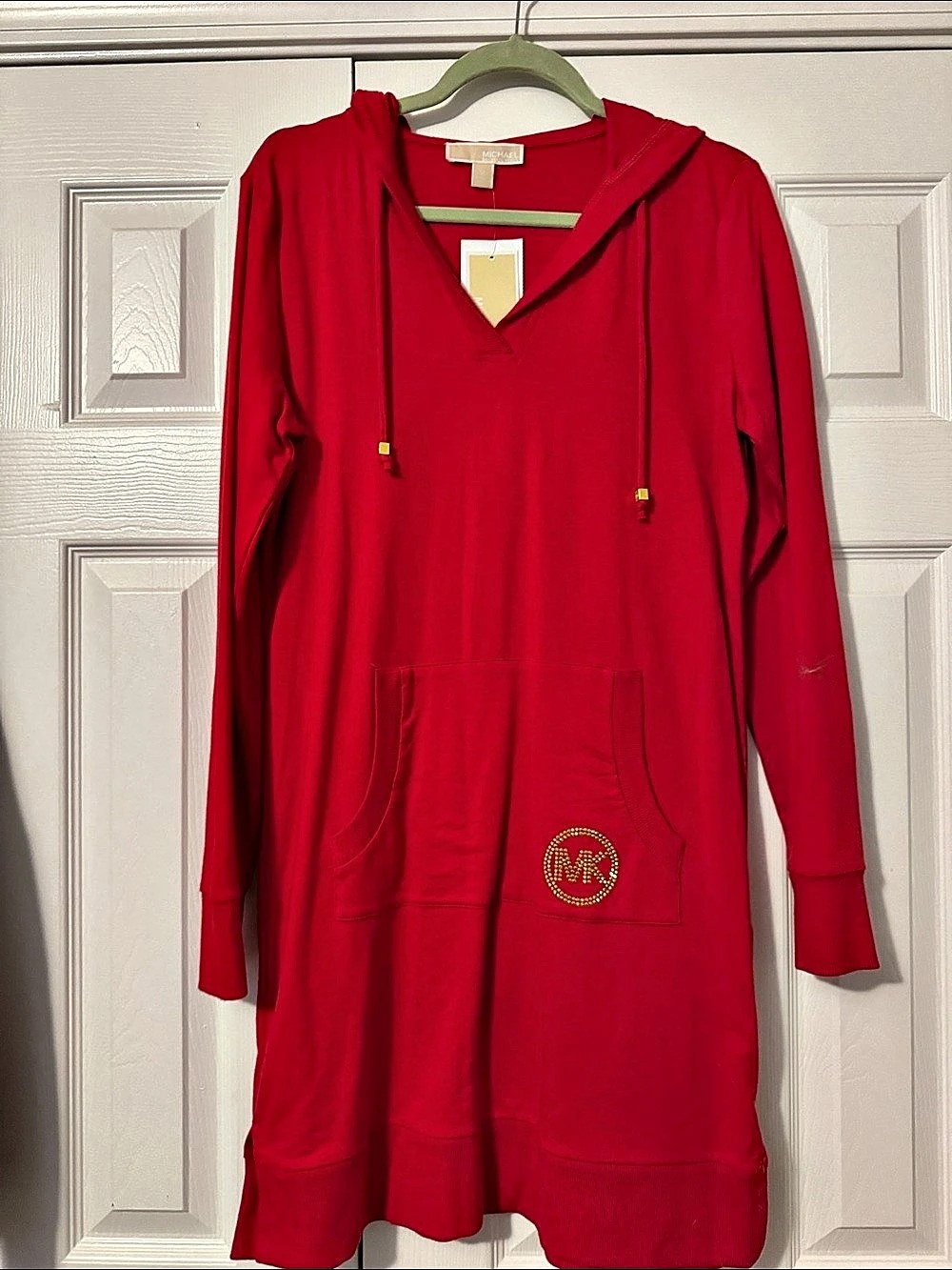 Michael Kors Rhinestone MK Logo Hoodie Dress Red Medium